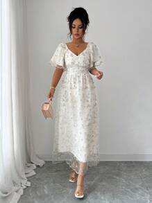 Elenzga Elegantes und modisches Damen Pendler Lässig Komfort-Kleid im charmanten Retro-Stil einer sanften Prinzessin, mit süßen Puffärmeln, Schleife in der Taille, Rückenband, A-Linie Rüschensaum und besticktem Mesh-Material