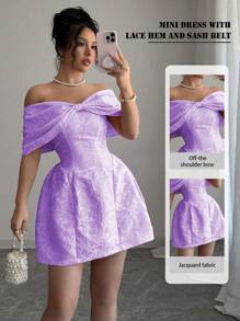 Rafferiza Váy ngắn vải Jacquard cổ nơ trễ vai cho nữ, Xuân/Hè - Màu tím - Xem 1