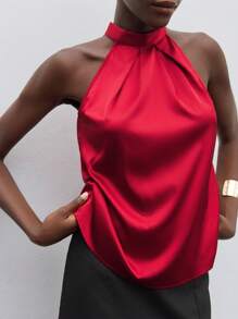 Maija Tie-Up Satin Halter Neck Cold-Shoulder Blouse Top