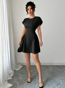 Elenzga 女士纯色圆领优雅短袖迷你连衣裙，夏季 - 黑色 - 查看 4