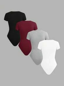 SHEIN BASICS 4件套休闲纯色针织圆领短袖修身女式紧身衣 - 彩色 - 查看 2