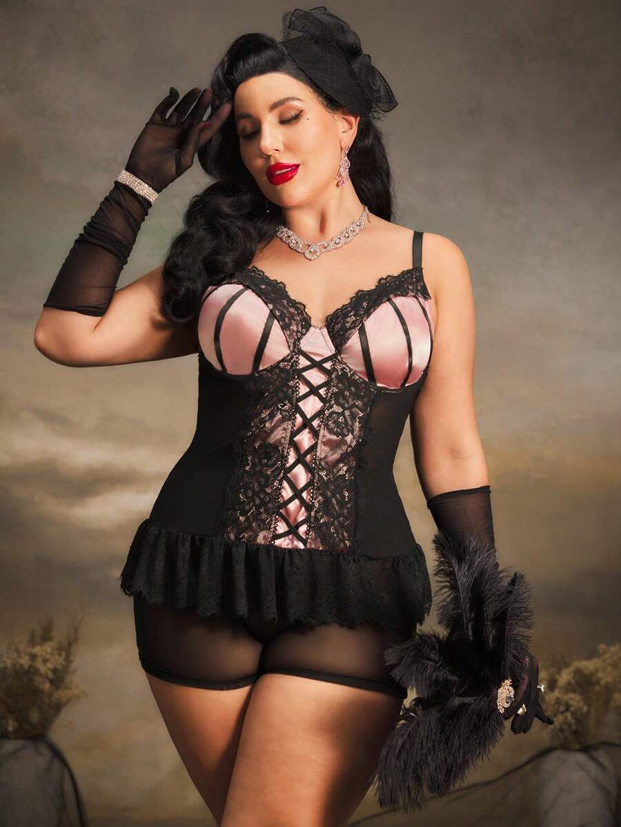 2pcs Plus Size Lingerie Set With Underwire, Criss-Cross Straps, Lace Patchwork, Slimming Cut, Lace Trim, Ruffle Hem, Vintage, Palace Style - Multicolor - View 1