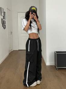 Coolane Women's Summer Streetwear Sport Basic Flap Pocket Side Drawstring Waist Parachute Grey Cargo Pants - Black - View 3