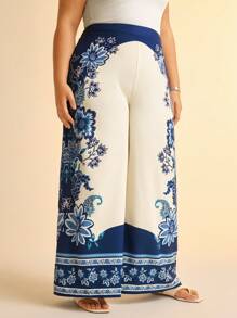 CAJUNI Plus Size Women Boho Vintage Blue Tropical Floral Print Straight Leg Casual Pants - Multicolor - View 8