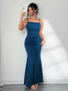 Elenzga Plus Size Elegant Sexy Backless Ruched Slim Fit Bodycon Dress - Teal Blue - View 6