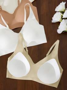SHEIN 休闲舒适三件套纯色简约V领设计可调节肩带可拆卸垫无钢圈女士内衣文胸 - 彩色 - 查看 4