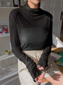 DAZY Cowl Neck Mesh Top Without Tube Top Going Out Tops Sheer,Back To School Clothes Long Sleeve Women Tops,Fall Women Clothes - Black - View 1