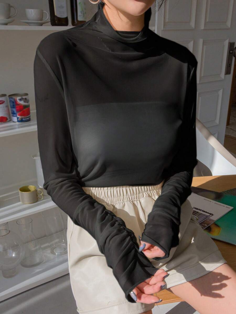 DAZY Cowl Neck Mesh Top Without Tube Top Going Out Tops Sheer,Back To School Clothes Long Sleeve Women Tops,Fall Women Clothes - Black - View 1