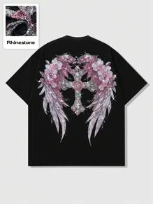 ROMWE MEN Street Life 男式哥特情侣短袖 T 恤，街头风格重磅设计樱花十字印花，万圣节 - 黑色 - 查看 1