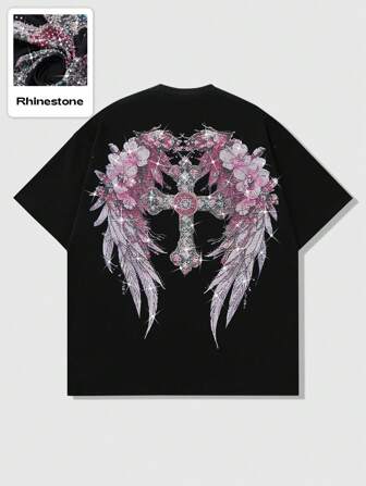 Men Goth Couple Matching Short Sleeve T-Shirt, Street Style Heavy Design Sakura Cross Print, Halloween