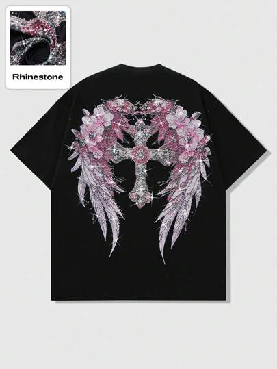 Goth Maglietta a maniche corte in stile gotico per coppie, design pesante con stampa di sakura e croce, stile da strada, adatta per Ognissanti