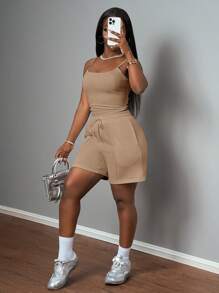 Slaydiva Bộ đồ thể thao cơ bản thường ngày mùa xuân hè mới, áo gile cổ chữ U có dây đeo + quần dài đến đầu gối với họa tiết răng cưa, quần nỉ trang trí màu trắng dành cho nữ, bộ hai mảnh cỡ lớn, bộ quần short hai mảnh cỡ lớn, trang phục mùa hè cỡ lớn cho nữ, bộ quần short màu be hai mảnh, trang phục quần short hai mảnh. - Màu Khaki - Xem 7