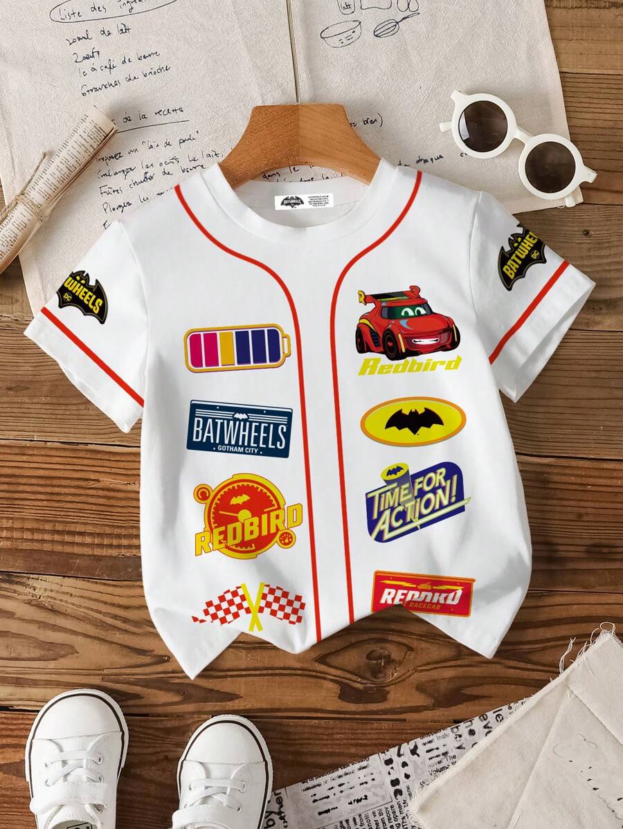 Batwheels X SHEIN 男童休闲卡通字母图案短袖T恤，夏季