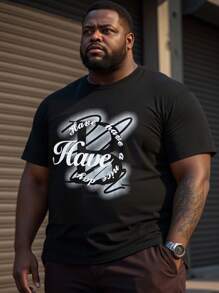 Manfinity Homme 大码男士夏季字母印花圆领短袖休闲T恤 - 黑色 - 查看 1