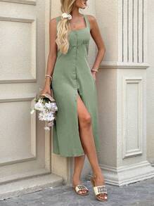 Easowa 方领褶皱胸罩杯，高开叉后背系带蝴蝶结腰部 A 字中长连衣裙，休闲度假优雅女士街头服饰，棉质