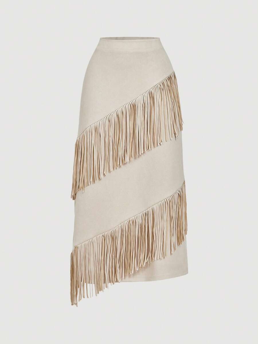 SHEIN MOD 杏色高腰条纹装饰侧开衩直筒裙 - 杏色 - 查看 1