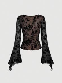 SHEIN MOD ملابس علوية أسود بياقة على شكل حرف V وأكمام متسعة وخصر مطوي، ملابس علوية ملابس، عودة إلى المدرسة، خروج ملابس علوية للنساء، ملابس الخريف، أكمام طويلة