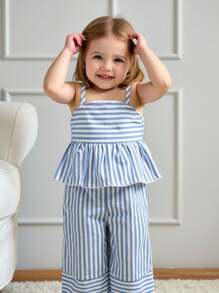 Baby Girls Stripe Strap Top With Ruffle Detail And Wide Leg Pants Set, Casual Yet Fashionable Suit