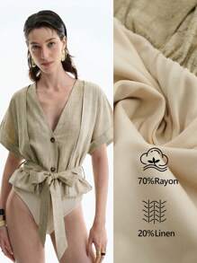 Aalyst Women's Casual V-Neck Button Decor Linen Patchwork Bodysuit - Apricot - View 2