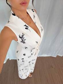 Rafferiza ChicEase 女士数码印花无袖宽松阔腿裤和西装外套套装，休闲工作装 - 杏色 - 查看 6