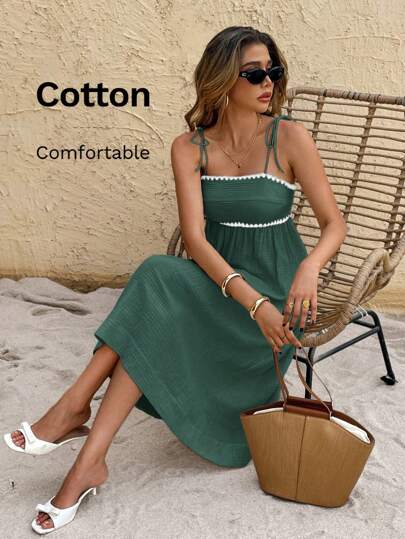 SHEIN Frenchy Kadın Rahat Minimalist Tatil Yaz Bağcıklı Slip Midi Elbise