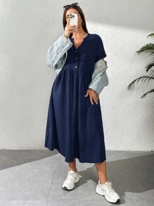 SHEIN Essnce 大码女装春夏时尚休闲宽松舒适日常黑色纹理面料 V 领短袖中长连衣裙，带口袋，女士夏季服装，工作服，曲线黑色连衣裙，教堂服装女士 - 藏蓝色 - 查看 6