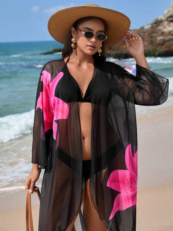 Swim Vcay Plus Size Women's Loose Patterned Cardigan, Suitable For Vacation & Beach, Robe Style For Summer