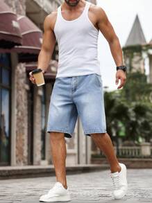 Manfinity Homme Quần short denim thời trang giản dị đa năng có túi màu trơn cho nam - Rửa nhẹ - Xem 3