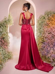 Glamrae Elegant Sequins Embroidered Contrast Satin Handmade 3D Embroidery Shoulder Strap Sheer Design Fishtail Formal Evening Gown For Women