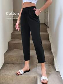 SHEIN LUNE Damesbroek met trekkoord in de taille en zakken, gemaakt van katoen, ideaal voor vrije tijd en vakantie in de zomer Zwarte broek voor dames Shein Tall Pants