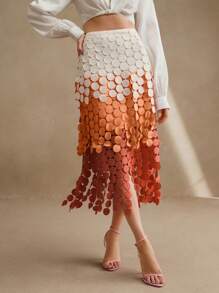 Anewsta 优雅镂空刺绣高腰橙色流苏裙，宽松飘逸夏季女士裙子，节日 - 橘色 - 查看 6