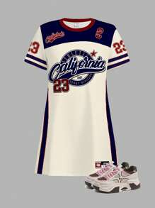 SHEIN Leap Crew 青少年女孩复古字母和数字徽章图案休闲中长连衣裙，时尚运动针织款式，短袖，适合夏季凉爽服装系列，女孩 Chroma 精选，返校韩式风格，轻松运动装，儿童图案 T 恤，运动休闲，夏季服装，毕业季必备