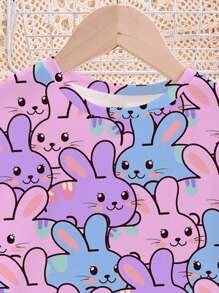 Tween Girl Purple Summer Cute Cartoon Colorful Rabbit Print Crew Neck Short Sleeve T-Shirt & Shorts Pajama Set,Princess Chic Sleep Home Refresh Sets - Multicolor - View 4
