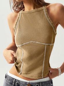 Bohemela Casual Solid Color Knit Slim Fit Women Tank Top - Khaki - View 3