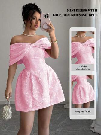 Rafferiza 女式露肩蝴蝶结领提花面料迷你连衣裙，春夏