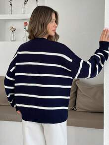 EURMUSE Nautical Romance Striped Knit Cardigan – Navy Blue V-Neck With Classic White Stripes And Red Heart Accent For A Playful Chic Look,Long Cardigans Woman,Petite Cardigans,Cardigans - Navy Blue - View 6