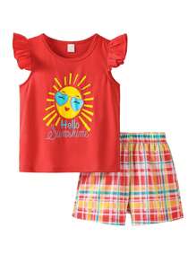 Girls Cartoon Cute T-Shirt Set,Cap Sleeve Striped Top And Shorts,Versatile Athleisure Summer Outfit,Matching Little Girl Family Vacation Clothes Set - Multicolor - View 1