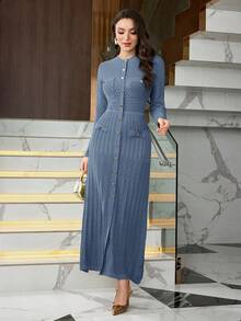 Modelyn Đầm len cổ tròn dài thanh lịch cho nữ - Màu xanh bụi bặm - Xem 4