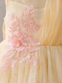 年轻女孩派对装优雅香槟色无袖碎花腰喇叭长裙，薄纱覆盖，适合夏季派对、活动、宴会 - 香檳色 - 查看 8