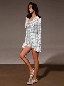 Athîral 女式格子前系带长袖纽扣门襟休闲连体裤 - 黑與白 - 查看 3