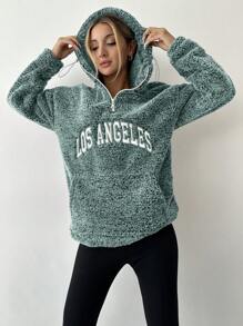 EURMUSE Women's Hooded Drawstring Zipper Letter Print Long Sleeve Fashionable Jacket - Mint Green - View 6