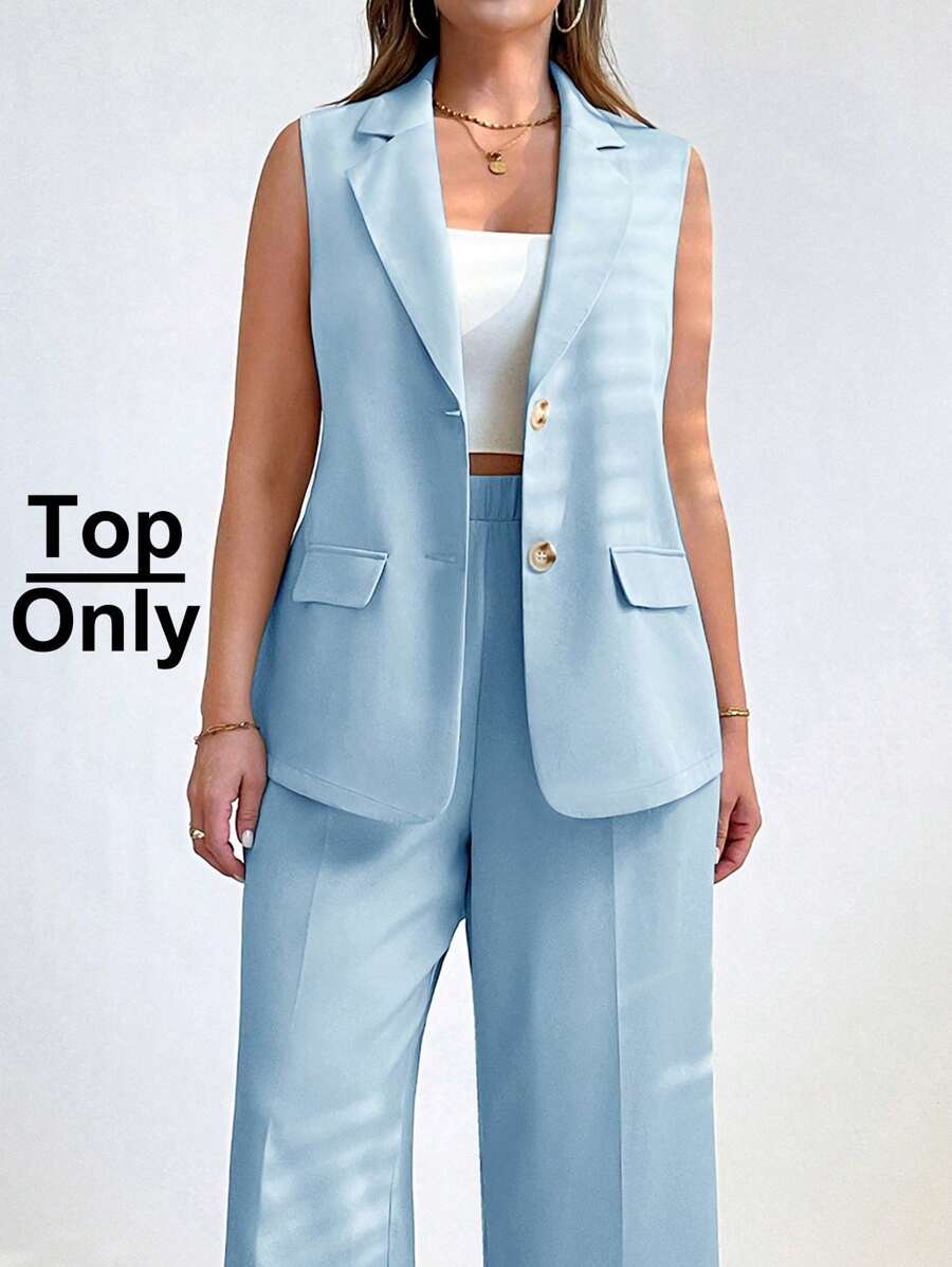SHEIN Essnce 女士夏秋装秋季女装商务女装时尚休闲通勤度假工作办公室服装商务休闲骄傲服装大码纯色单排扣无袖西装外套女士夹克秋季夹克女士西装外套 - 淺藍色 - 查看 1
