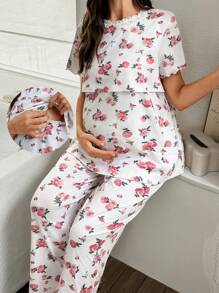 SHEIN Post Partum Lounge Set Romantic Printed Milk Silk Contrast Lace Comfortable Maternity Pajamas