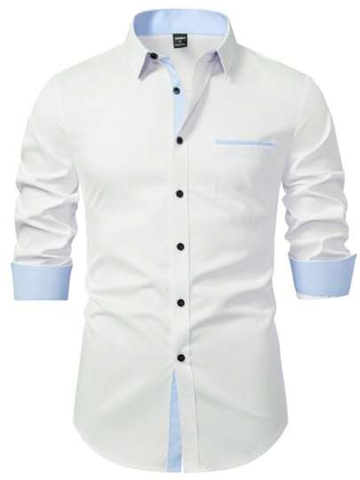 Manfinity Mode 撞色前扣商务休闲长袖衬衫男士休闲正装衬衫男士白色正装衬衫男士浅蓝色正装衬衫，适合秋季