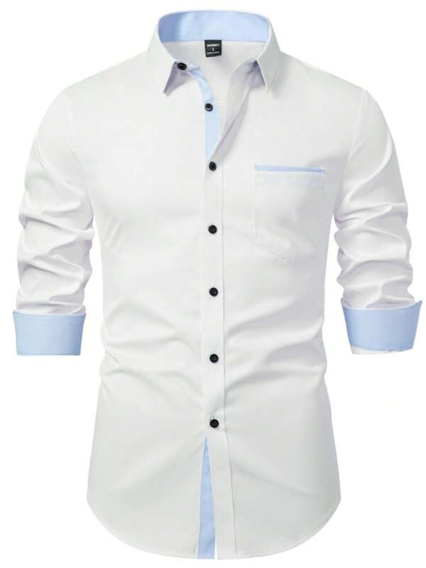 Manfinity Mode Contrast Trim Front Button Business Casual Long Sleeve Shirt Men Casual Dress Shirts Men White Dress Shirt Men Light Blue Dress Shirt, For Fall
