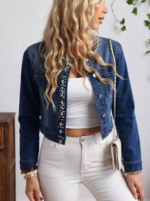 EMERY ROSE Ladies' Faux Pearl Button Front Long Sleeve Denim Jacket And Coat Cropped Denim Jacket Women Jean Jacket Crop Jean Jacket Pearl Embellished Denim Jacket Denim Jacket With Pearl