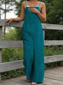 EMERY ROSE 大码牛仔效果纹理方领休闲连体裤，适合室内和室外