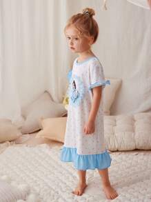 Baby Girl Blue Polka Dot Ruffle Print Princess Pattern Summer Short Sleeve Maxi Nightgown Loungewear - White - View 7