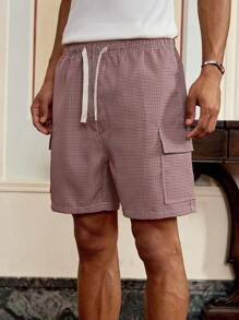 Manfinity VCAY Men's Striped Print Drawstring Waist Pocket Casual Shorts - Red and White - View 3