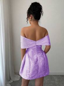 Rafferiza Váy ngắn vải Jacquard cổ nơ trễ vai cho nữ, Xuân/Hè - Màu tím - Xem 2